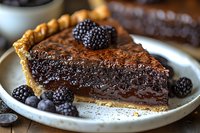 Rich chocolate tart slice with fresh blackberries on white plate, decadent dessert with flaky pastry crust for bakery menu or recipe blog content.
