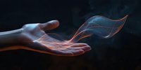 Glowing energy waves float above an open palm against dark background, creating mystical ethereal effect with orange and blue light trails in motion.