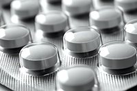 Close up macro view of white round pills in blister pack with selective focus and shallow depth of field in monochrome style for medical concept.