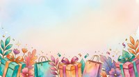 Colorful gift boxes with ribbons and bows arranged at bottom border, surrounded by blooming flowers and green foliage on pastel watercolor background. Perfect for celebrations, holidays, and festive designs.