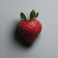 Fresh ripe strawberry with green leaves isolated on gray background, macro shot showing detailed texture and natural color for food photography.