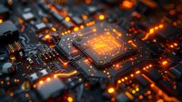 Glowing orange microchip on dark circuit board with bokeh light effects, modern technology concept showing electronic components and processor core.