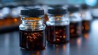 Dark amber liquid in glass bottles with black screw caps arranged on reflective surface, suitable for pharmaceutical, cosmetic, or essential oil product packaging and branding.