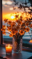 Fresh daffodils in crystal vase on windowsill with glowing candle against dramatic sunset sky, creating warm atmospheric mood for home decor and lifestyle content.