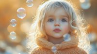 Young blonde child with curly hair wearing cozy winter scarf gazes at floating soap bubbles against warm golden sunset background, creating magical childhood moment.