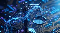 Digital scales of justice with glowing blue circuits and data streams representing legal technology, AI law, and cyber jurisprudence concepts.