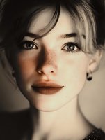 Close-up portrait of young woman with freckles, dark brown eyes, and soft bangs wearing dark lipstick against neutral background.