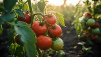 Fresh ripe red tomatoes growing on vine in organic garden with warm sunlight. Homegrown vegetables ready for harvest in summer agricultural field.