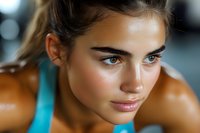 Young woman with olive skin tone and blue eyes wearing orange athletic top and blue sports bra, focused expression during workout or training session for fitness, health, and wellness content.
