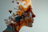 Woman silhouette with autumn leaves and flying birds in double exposure effect for creative design projects and seasonal marketing campaigns.