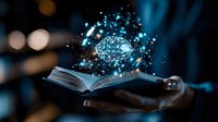 Hands holding open book with glowing digital brain and network connections emerging, representing knowledge, learning, artificial intelligence and education technology.