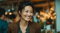 Professional Asian businesswoman smiling confidently in modern office environment with warm bokeh lighting for corporate presentations and marketing.