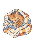 Ginger tabby cat wrapped in cozy patterned blanket with stars and dots, isolated on white background. Suitable for t-shirt designs, stickers, and clipart applications.
