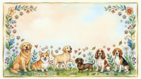 Watercolor dogs and floral border frame with copy space, featuring golden retriever, corgi, labrador, dachshund, spaniel and beagle on meadow.