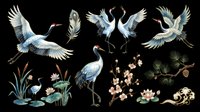 Watercolor crane and heron birds isolated on transparent background. Flying and standing poses with botanical elements. Ready for t-shirt design, clipart, stickers, sublimation, and print-on-demand projects.