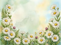 Watercolor floral frame with white daisies, ferns, and clover on a soft green background, perfect for greeting cards and invitations.