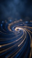 Abstract blue spiral vortex with golden light trails and bokeh effects creating dynamic motion blur for technology and energy concepts.