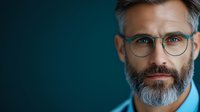 Confident mature Caucasian businessman with gray beard and stylish glasses wearing blue shirt against dark teal background, looking directly at camera with intense gaze.