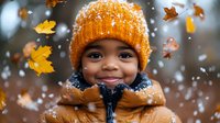 Young African American child wearing orange knit beanie and winter coat smiles joyfully while autumn leaves and snowflakes swirl in magical outdoor scene.