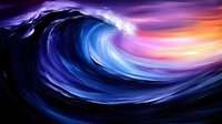 Dramatic ocean wave with vibrant blue water curling against purple and orange sunset sky. Dynamic seascape with powerful motion and energy for nature concepts.