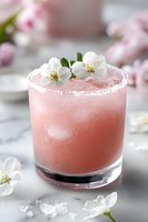 Pink frozen cocktail garnished with white spring blossoms and sugar rim on marble surface, soft focus background creates elegant mood for spring entertaining.