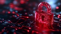 Glowing red padlock on computer keyboard with digital circuit pattern background represents cybersecurity and data protection in modern technology.