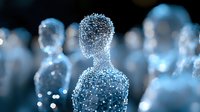 Digital human silhouette made of connected dots and lines representing artificial intelligence, machine learning, and futuristic technology concepts.