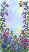 Watercolor floral border with blue, purple, and magenta wildflowers on a soft pastel background, framing copy space for cards or prints.