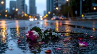 Pink rose lying on wet city street at dusk with scattered petals, bokeh lights, and reflections creating moody romantic urban atmosphere. Perfect for emotional storytelling.