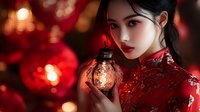 Young Asian woman in traditional red dress holding ornate lantern with warm bokeh lights background for festive celebrations and cultural events.