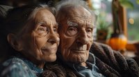 Elderly couple sharing tender moment at home, close-up portrait of senior Asian woman and Caucasian man showing authentic emotions and lasting love.