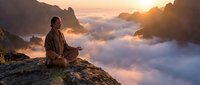 Young man meditating on mountain peak above clouds at sunrise, peaceful spiritual practice in dramatic alpine landscape with golden light and misty valleys.