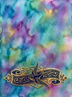 Watercolor gradient background in soft pastel tones of blue, purple, pink, yellow and green with ornate gold decorative flourish and bird motif for artistic design projects.