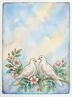 Two white doves perched on a flowering branch with pink blossoms, surrounded by soft watercolor sky in blue and cream tones. Suitable for wedding invitations, greeting cards, and romantic designs.