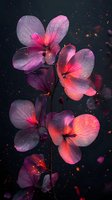 Glowing purple and pink flowers with delicate petals against dark background, illuminated by magical sparkles and floating particles creating ethereal atmosphere.