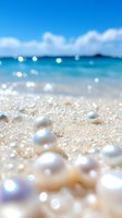 White pearls scattered on sandy tropical beach with turquoise ocean water and blue sky background, soft focus bokeh effect creates dreamy summer atmosphere.