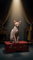 Hairless cat sitting on vintage red suitcase under theatrical spotlight between gold-trimmed dark curtains and wooden furniture in dramatic studio setting.