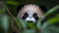 Baby giant panda cub peering through green bamboo leaves with curious expression, close up portrait showing distinctive black eye patches and fuzzy fur.