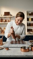Female pastry chef in white chef's coat piping melted chocolate into molds on marble countertop in professional kitchen with shelved background.