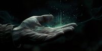 Human hands cupped together holding glowing digital data streams with sparkling light effects against dark background for technology concepts.