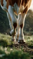 Close-up view of brown and white horse legs walking on dirt path with sunlit dust particles in air, creating atmospheric morning or evening mood in nature setting.