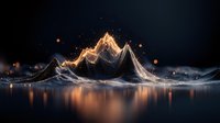 Glowing mountain range silhouette reflected in calm water at night with magical light particles and bokeh effects creating mystical atmosphere.