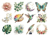 Watercolor botanical and nature elements including peony flower, eucalyptus leaves, crescent moon with florals, butterfly, decorative swirls, artist palette, hummingbird, berries, monstera leaf, watercolor splashes, feather, ink bottle and rose arrangements. Isolated clipart for design projects.