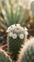 Blooming barrel cactus with white flowers crown in desert garden setting with soft bokeh background for botanical and succulent plant designs.