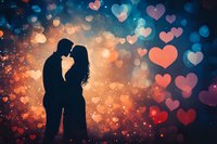 Romantic silhouette of couple about to kiss against magical bokeh background with floating hearts in pink and blue colors creating dreamy atmosphere.
