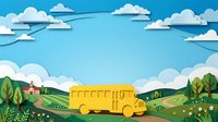 Bright yellow delivery truck driving through rolling green countryside with white clouds and blue sky, suitable for transportation, logistics, and children's content.