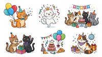 Cartoon cats celebrating birthday party with balloons, gifts, cake, and festive decorations. Isolated clipart set suitable for greeting cards, invitations, and children's designs.