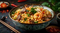 Spicy Asian noodles with shrimp, mushrooms and beef in ceramic bowl. Fresh herbs, chili peppers garnish. Dark moody food photography on black background.