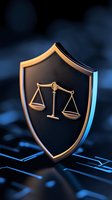 Shield emblem with scales of justice symbol on dark keyboard background, representing legal protection and cybersecurity concepts in modern digital age.