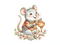 Cute white mouse wearing traditional red and gold clothing holding lantern surrounded by flowers and foliage on isolated white background, suitable for children's illustrations, greeting cards, and festive designs.
